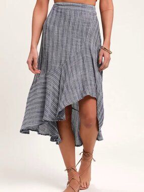 Lulus By the Bay Washed Blue and White Striped Ruffled Midi Skirt